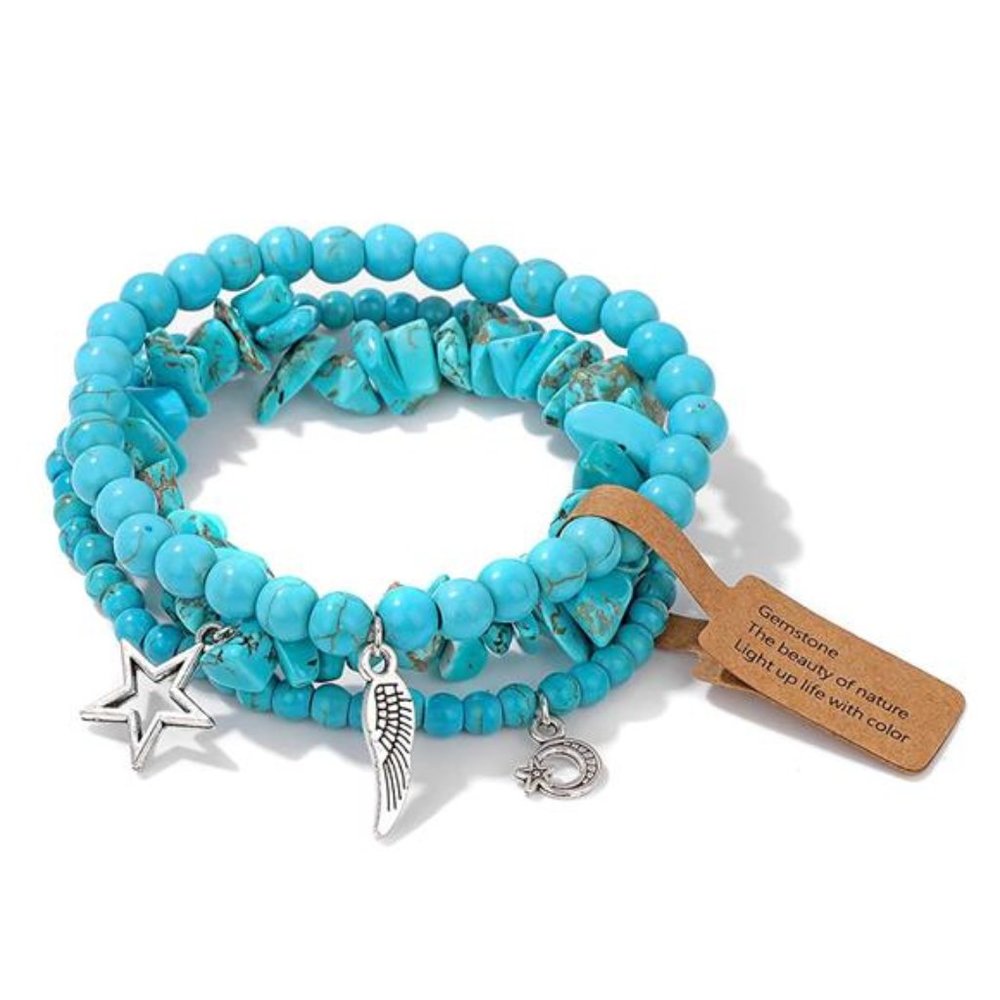 3Pcs Turquoise Bracelet for Women Boho Moon and Star Feather Charm Bracelet